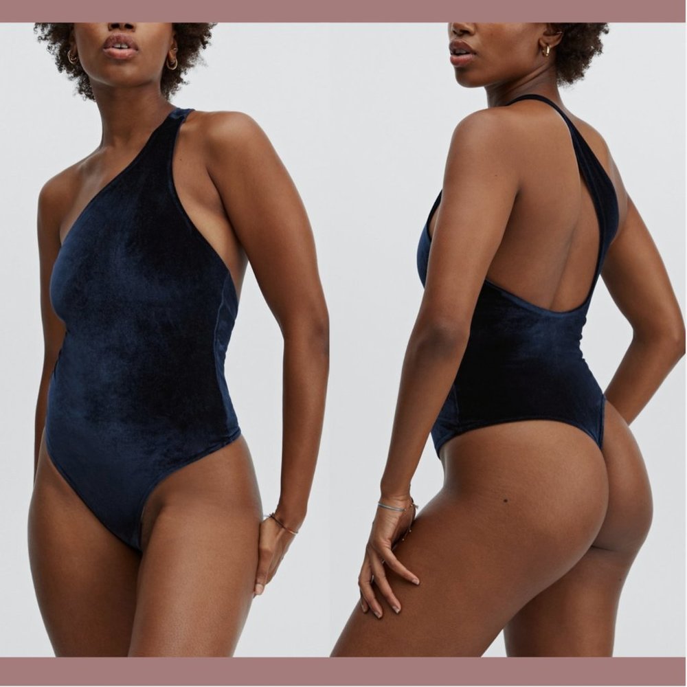NWT $70 Fabletics [ Large L/10 ] Gigi Velour Bodysuit‎ in Deep Navy Blue